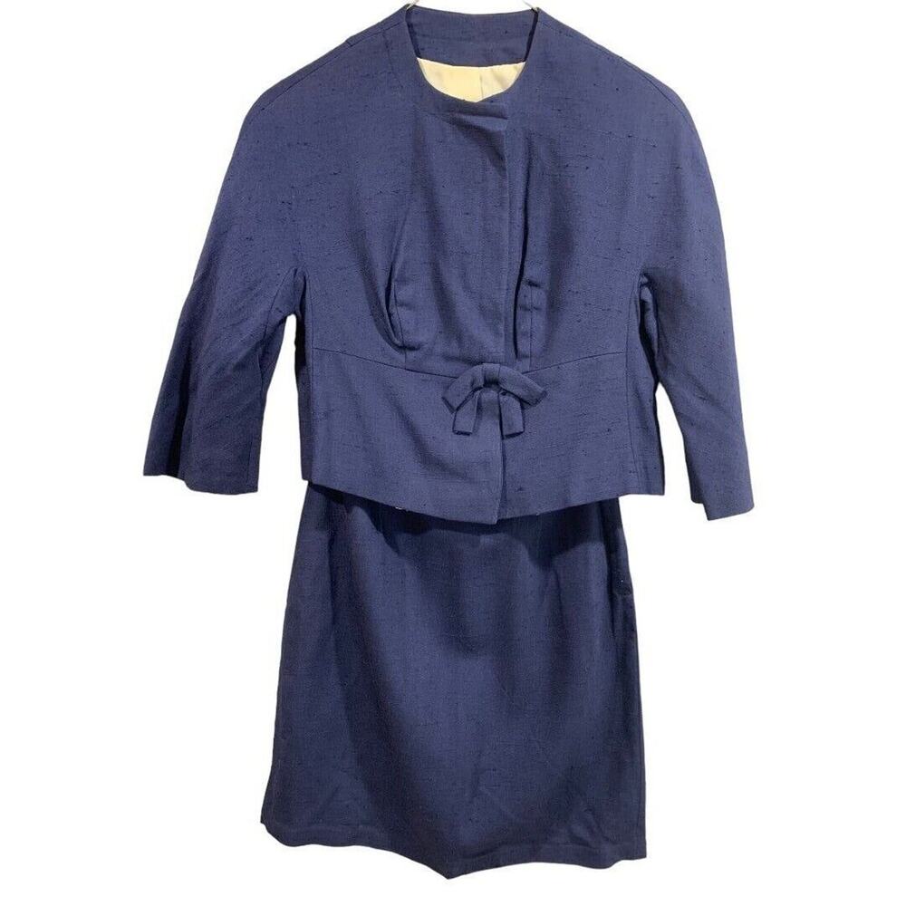 XS Vintage 1950s 2 Piece Skirt Suit Lined Navy Blue Snaps Knee Length Cosplay Un